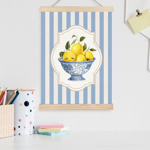 Image of PQKIY Blue and White Chinoiserie Porcelain Lemon Wall Art Poster Hanger Frame 12x16 in, Grandmillennial Summer Lemon Fruit Blue Striped Wall Decor Canvas Prints for Home Kitchen Bedroom Living Room