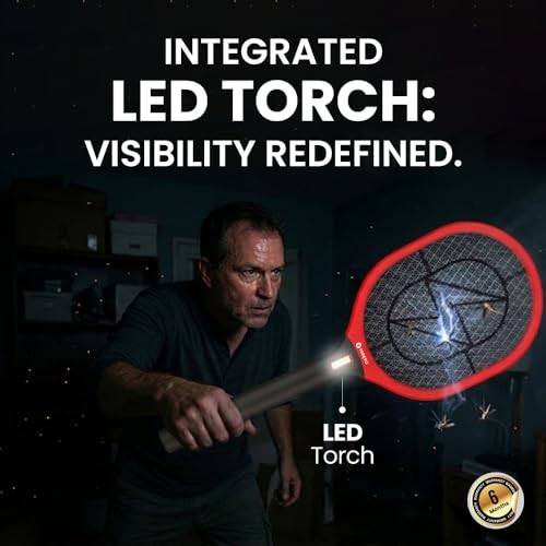 Image of Toreto Mosquito Bat, Mosquito Racket, Rechargeable, LED Torch, Type-C Fast Charging, Double Layer Safety Grill, Made in India | Electric Fly Swatter, Mosquito Killer Racquet Zappy 3 (Black+Red)