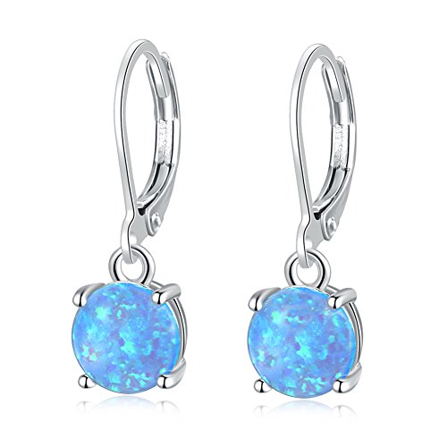 CiNily Round-Cut Opal Dangle Earrings, Blue Fire Opal Rhodium Plated Women Girls Jewelry leverback Gemstone Drop Earrings