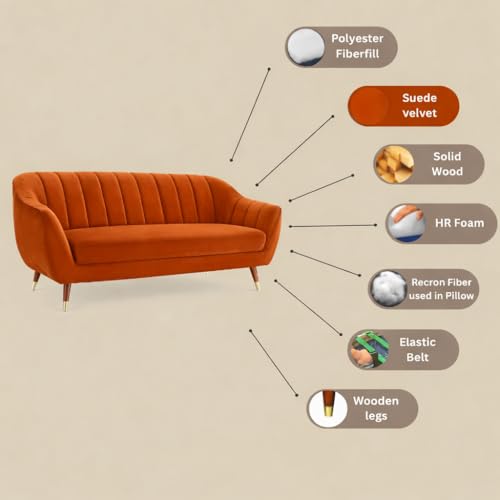 Image of AMATA Marino Solid Wood 3+2 Seater Orange Suede Velvet Fabric Sofa Set with Two Cushions Perfect for Home Office Guests Living Room (04 Orange, 3+2 Seater)(3 Year Warranty)