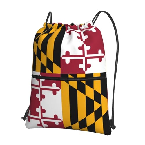 Drawstring Backpack Zipper String Maryland State Flag Bag For Outdoor Leisure Yoga Gym Swimming Travel Fitness Sports, Black