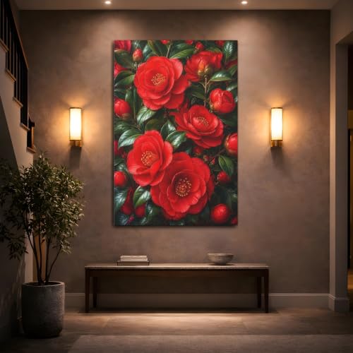Tableau camélia rouge vertical 60x90cm décoration murale fleur salon