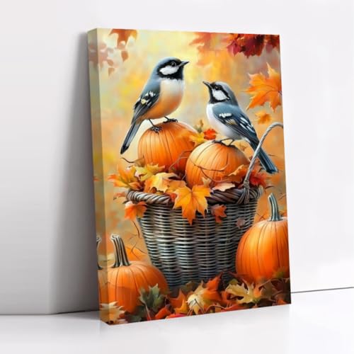CCWORKERRY Autumn Picture Wall Decor Pumpkin and Birds Canvas Prints