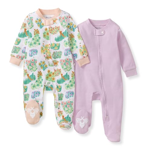 Image of Burt's Bees Baby Girls' Organic Cotton Sleep and Play Footed Pajamas