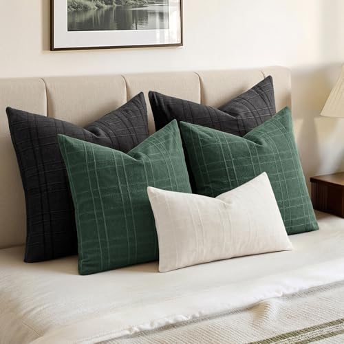 Image of MIULEE Decorative Linen Check Throw Pillow Covers Neutral Farmhouse Vintage Spring Pillow Covers 18x18 Set of 2 Boho Modern Home Decor for Sofa Couch Bedroom Cushion Dark Green
