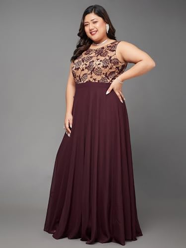 Image of Miss Chase A+ Women's Round Neck Sleeveless Georgette Floral Lace Fit & Flare Maxi Dress