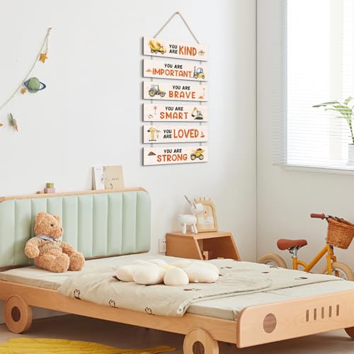 Image of HPNIUB Construction Trucks Room Decor for Boys, Transportation Inspirational Positive Quotes Hanging Plaque Sign, Cartoon Vehicle Wood Sign for Nursery or Toddler Room Decor