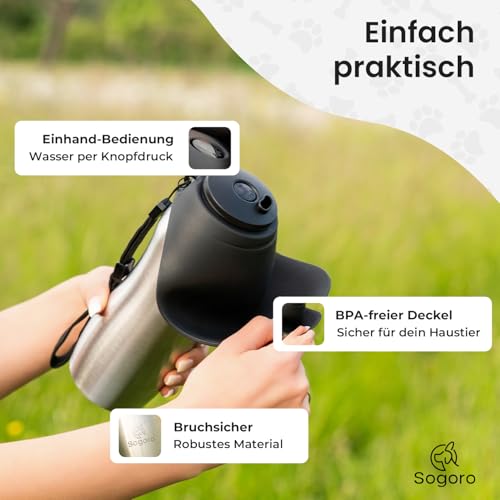 Sogoro Hundetrinkflasche für Unterwegs - 700ml - auslaufsicher & robust aus Edelstahl - Tragbare Haustier Wasserflasche, Hundeflasche to go, Hundetrinkflasche für Unterwegs für alle Hunde
