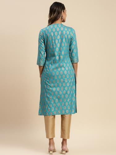 Image of rangita Women Rayon Regular Fit Turquoise Knee Length Printed Straight Kurti | Kurta