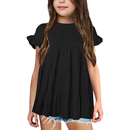 Toddler Girls Tunic Tops Ruffle Short Sleeve Round Neck Loose Blouse Summer Solid Color Casual Girl Tee Tops 3/12