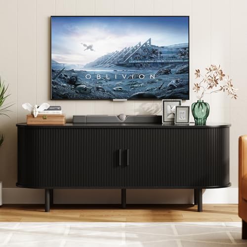 Image of ONBRILL 55 inch TV Stand with Power Outlet for TVs up to 60 Inch, Entertainment Center with Storage and Adjustable Shelves, Modern Media Console with Sliding Doors for Living Room, Black