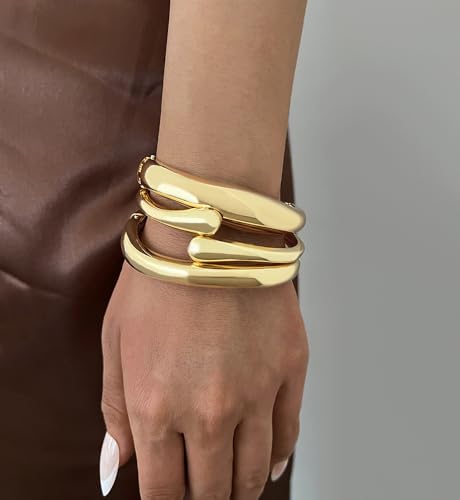 Image of Chunky Gold Bangle Bracelets for Women, Dainty 14k Gold Plated Big Stackable Bangles Set, Trendy Statement Cuff Bracelet Stack Fashion Jewelry Gifts