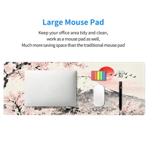 Image of Japanese Mouse Pad 31.5x11.8 XL Grey Pink Cherry Blossoms Mountain Watercolor Extended Large Mousepad Keyboard Mouse Mat Desk Pad with Non-Slip Rubber Base Stitched Edges for Home Office Game