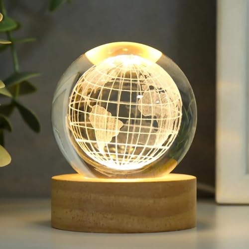 Image of 3D Globe Crystal Ball LED Night Lamp, Creative Engraved Night Light with Wooden Base, Warm White Decorative Table Lamp for Home, Bedroom, Kids Room, Gift (Globe)