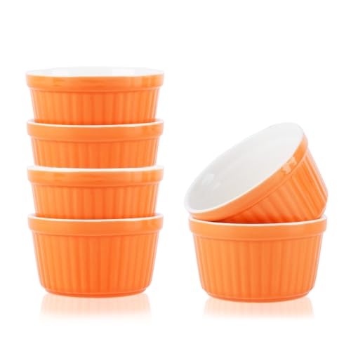 Creme Brulee Bowls, Pack of 6, 200 ml Souffle Moulds, Oven Safe, Cream Brulee Ramekin Soufflé Cups for Baking, Creme Brulee Bowls, Ceramic Moulds Oven Safe Cases (Orange)