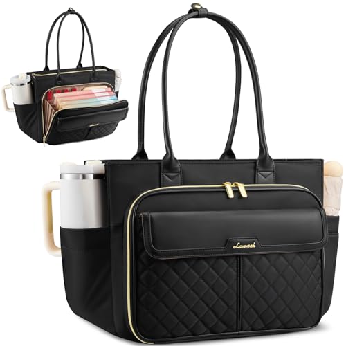 Image of LOVEVOOK 15.6 Inch Teacher Tote Bag for Women Work with Accordion File Area, Laptop Work Tote Bag with Laptop Compartment, nurse Handbag Bags with Large Capacity & Cup Holder, black