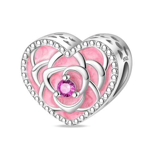 YIXUAN Charms Cœur Rose Charm en argent 925 compatibles avec les bracelets Pandora, bijoux pour colliers, cadeaux d’anniversaire et de Noël pour femmes.