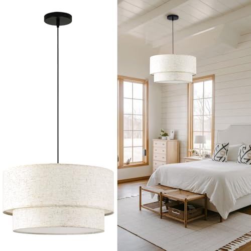Buovikalo Linen Drum Pendant Light, 18” Double Drum Light Fixture with Modern Fabric...