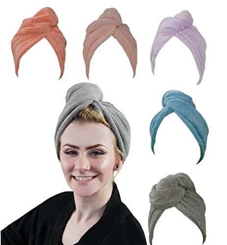 Microfiber Hair Towels - 5 Towel Set – 5 Beautiful Colors - Great for all Hair Types - Size (10 x 26 inches) Lightweight, Absorbent, and Ultra Soft. Colors Rose, Pink, Gray, Blue, and Lilac.