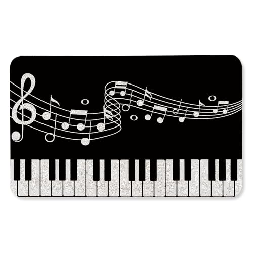 Rectangular doormat printed with piano keys and music notes at a front door