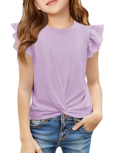 Image of Haloumoning Girls Ruffle Sleeve T Shirts Summer Crewneck Shirt 5-14 Years