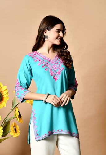 Image of LIBOZA Embroidered Kashmiri Tunic Top, Short Kurti for Women on Jeans, V-Neck, 3 /4 Sleeve, Floral Design,