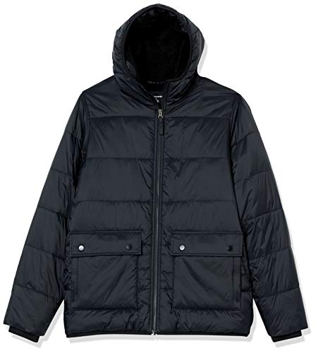Amazon Essentials Herren Langärmelige, Wasserabweisende Pufferjacke mit Sherpa-Futter, Schwarz, L