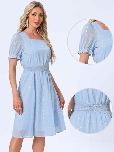 Image of Allegra K Party Midi Dress for Women Ruffle Short Sleeve Elastic Waist A-Line Metallic Star Dresses