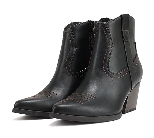 Soda “ABEAM” ~ Women Pointed Toe Medium Heel Ankle Shaft Western Boot Bootie with Side Zipper