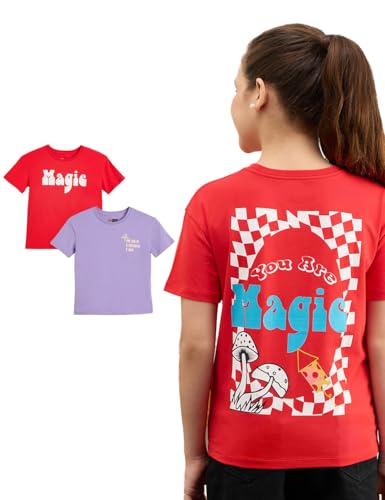 Image of Amazon Brand - Symbol Girls Cotton Strechable Oversized Graphic Printed Half Sleeves T-Shirt | Age 6-14 Years (Combo Pack of 2)