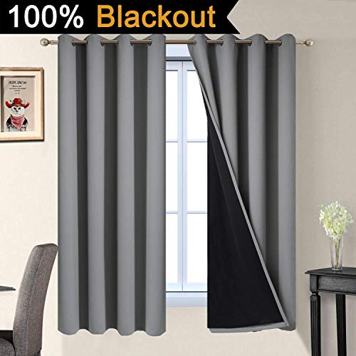 Image of Yakamok Soft and Smooth Full Shading Curtains, 100% Blackout Curtains for Bedroom, 2 Thick Layers Thermal Insulated Drapes with Black Liners (52Wx63L, Grey, One Pair)