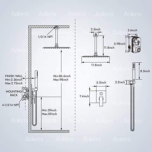 Aolemi Ceiling Mount Brushed Nickel 12 Inch Rainfall Shower System Square Shower Head With 2 In 1 Handheld Spray 2 Functions Shower Faucet Set Rough In Valve Included #TOP22