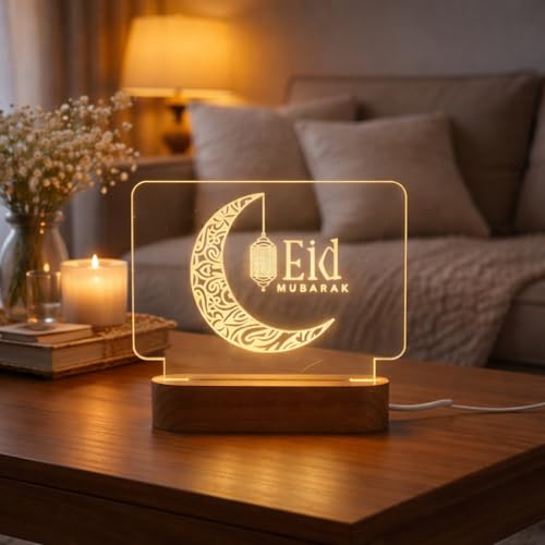Image of Giftana Eid Mubarak LED Acrylic Night Lamp with Wooden Base - Decorative Moon Lamp with Warm Light - Eid Mubarak Gift for Men, Women & Friends - Eid Decoration Gift for Home, Bedroom & Table Decor