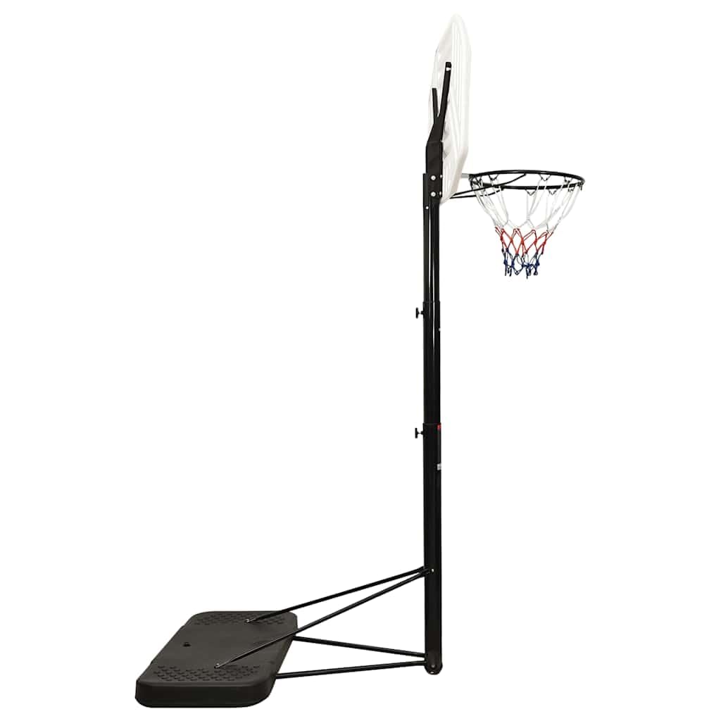Supporto da basket regolabile in polietilene, bianco, regolabile in altezza da 258 a 363 cm, con cestino in acciaio e rete di nylon, ruote e base triangolare stabile
