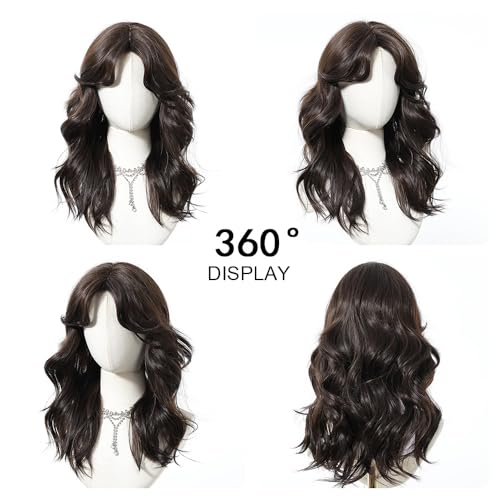 OUFEI Black Brown Wigs for Women Middle Length Long Curly Wig with Curtain Bangs Synthetic Hair Heat Resistant Wigs for Daily Party Cosplay Wear by OUFEI - Image 5