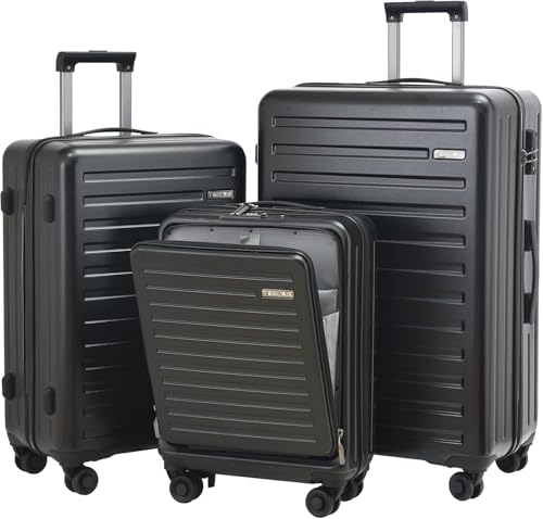 Image of 3Pcs (20 /24 /28) Luggage Set, Lightweight HardShell Suitcase with Wheels | Only 20 inch with Front Pocket 21.65*15.35*7.87 inch Fits Overhead Cabin, 24 inch 28 inch Checked Luggage,YKK Zipper,TSA Lock,Black