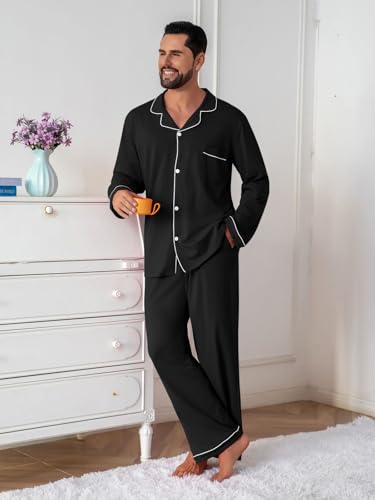 Image of QZH.DUAO Mens Pajama Set 100% Cotton Long Sleeve Button Down PJs