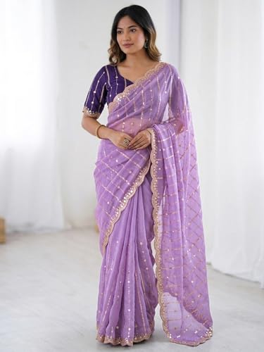 Image of SIRIL Women's Shimmer Georgette Scalloped Border Sequins Embroidery Saree with Unstitched Blouse Piece