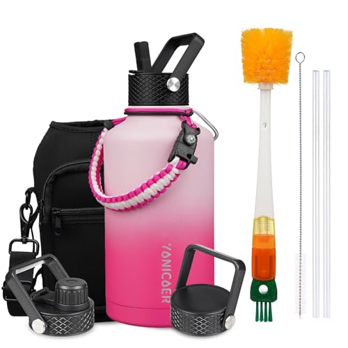 YONICOER Insulated Water Bottle 64oz,Triple Wall Vacuum Stainless Steel(Dishwasher Safe),Leak Proof & Non-BPA,Flask Jug with Paracord Handle & Straw Spout Lids Sports Sakura