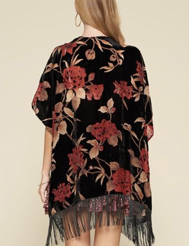 Image of MJ SERECA Women's Burnout Velvet Kimono Cardigan Cover Up with Tassel