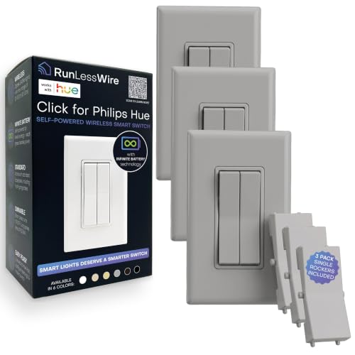 Image of RunLessWire Click for Hue Battery-Free Wireless Smart Switch 3 Pack Gray | Dimmable Kinetic Switch Pairs Natively to Philips Hue Bridge, 4 Programmable Buttons to Control Scenes & Areas, 100ft Range