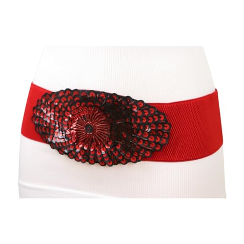 Women Fashion Belt Red Stretch Waistband Hip Waist Black Sequins Beads Peacock S M z0433