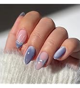 Almond Press on Nails Medium Cat Eyes Nails Press ons Blue French Tip False Nails Cute Fake Nails...