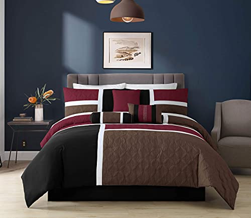 Super Sale 🛒 Chezmoi Collection 7-Piece Quilted Patchwork Comforter Set (Queen, Burgundy/Brown/Black)