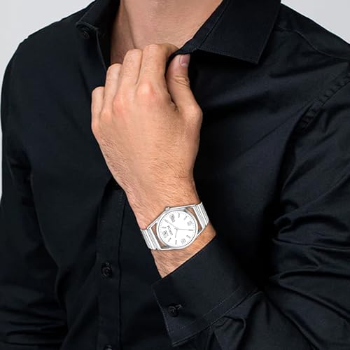 Image of LOREM Men's Stainless Steel Watch, Black Round Dial, Silver Band, Date Display, Quartz Movement