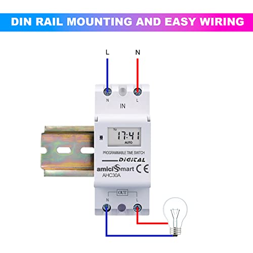 Image of amiciSmart 4-in-1 Digital Timer Switch Relay | 7-Day Programmable, Countdown, Pulse & Cycle Timer | DIN Rail Mount, (30A,220VAC)