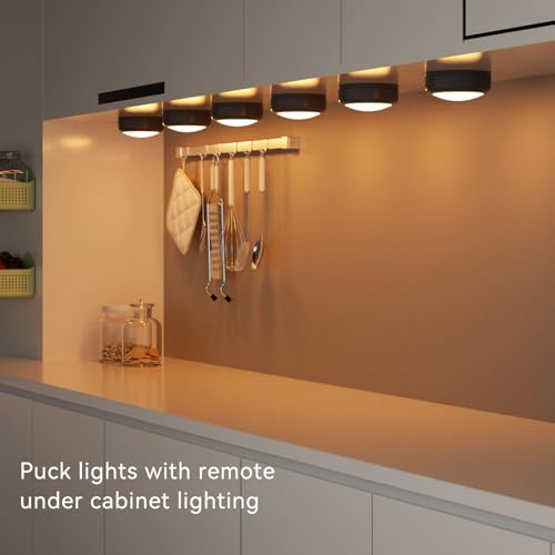 Image of LED Puck Lights with Remote, 13-Color Under Cabinet Lighting Wireless, Battery Operated Stick-On Lights, Dimmable Push Light for Closet /Shelf /Wall (Black-6 Pack)