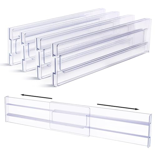 Image of Flyxiregg Drawer Dividers Organizers 4 Pack, Adjustable 3.2" High Expandable from 12.2-21.4" Kitchen Drawer Organizer, Clear Plastic Drawers Separators, Installed by Double-sided Tape (4 pack)