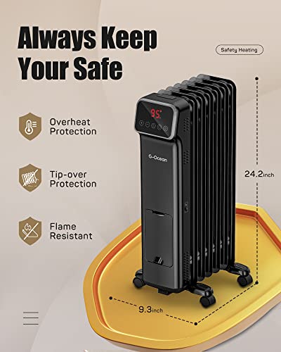 G-Ocean Oil Filled Radiator Heater, 1500W Quiet Full Room Radiant Heater With Digital Thermostat, 24 Hrs Timer & Remote, Overheat & Tip-Over Protection, Safety Electric Space Heater For Indoor Use #TOP5