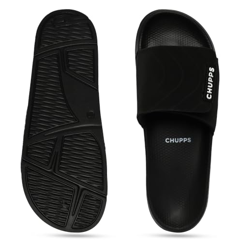 Image of CHUPPS Flow Black & Black Drift Orthopedic Slippers | Soft Footpharma Footbed | Breathable Ventilation Holes | Lightweight Flip Flops | Anti-Skid Chappals for Everyday For Mens